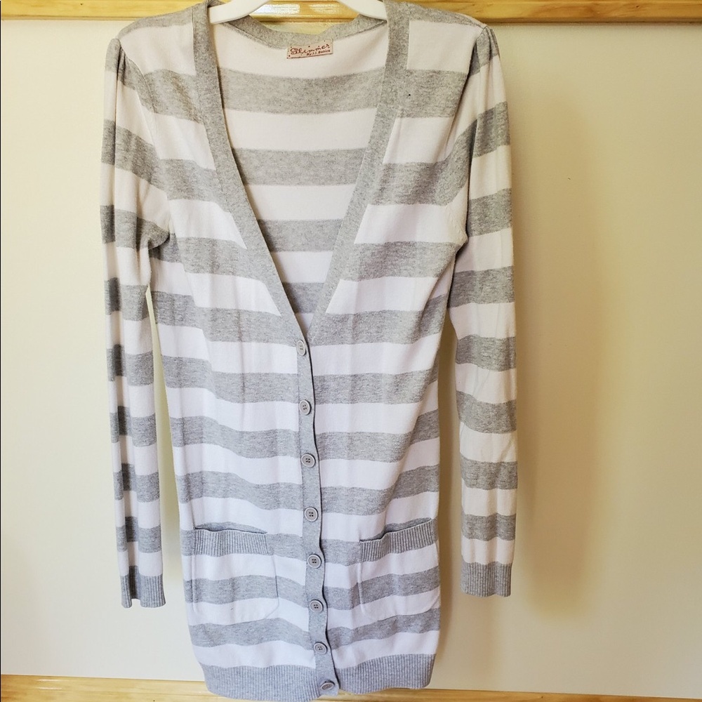 I’m selling a white and grey striped cardigan!